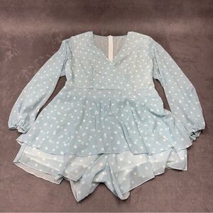 Fashion classic collection Light Blue Polka Dot Romper v neck layered women’s L